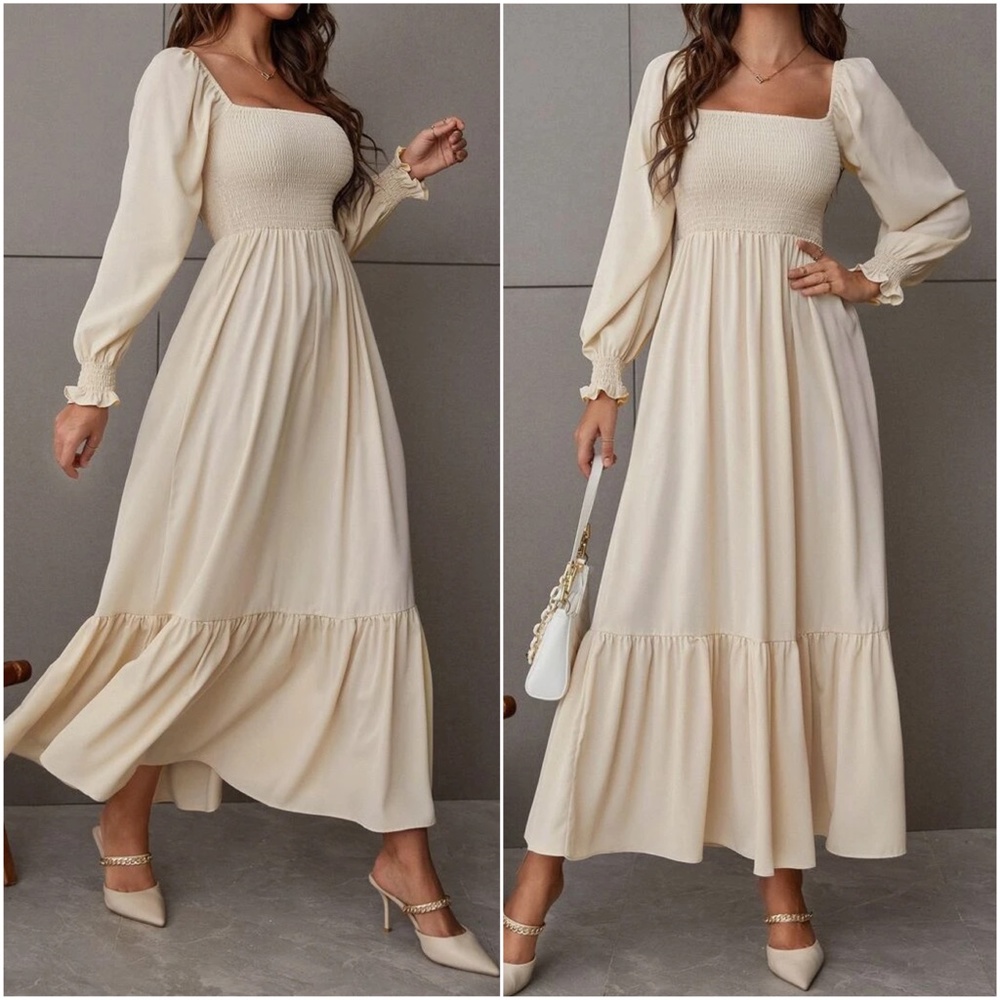 Boho Puff Sleeve Minimalist Ruffle Maxi Dress - Picture 1 of 11